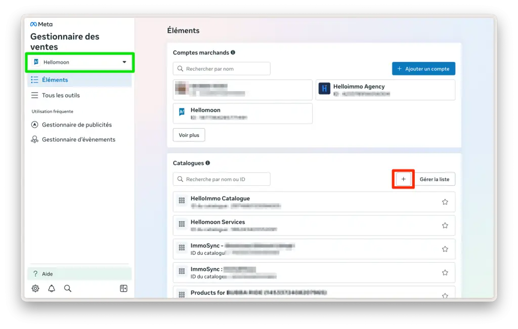 Screenshot : sélectionnez le business + créer un catalogue